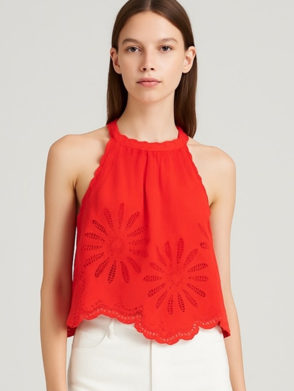 NWT Joie Red Eyelet Scallop-Hem Halter Top